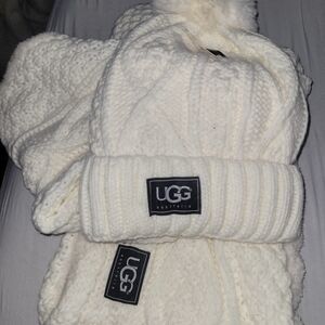 UGG Cream Knit Beanie and Scarf Set